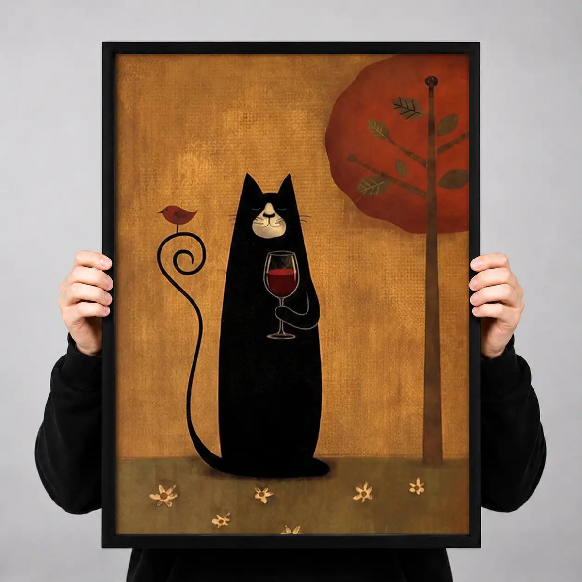 Black Cat with Wine by Red Tree Wall Art 3