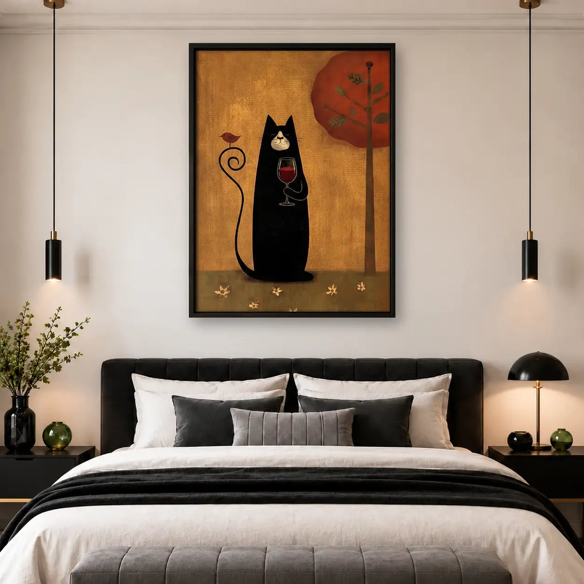 Black Cat with Wine by Red Tree Wall Art 4