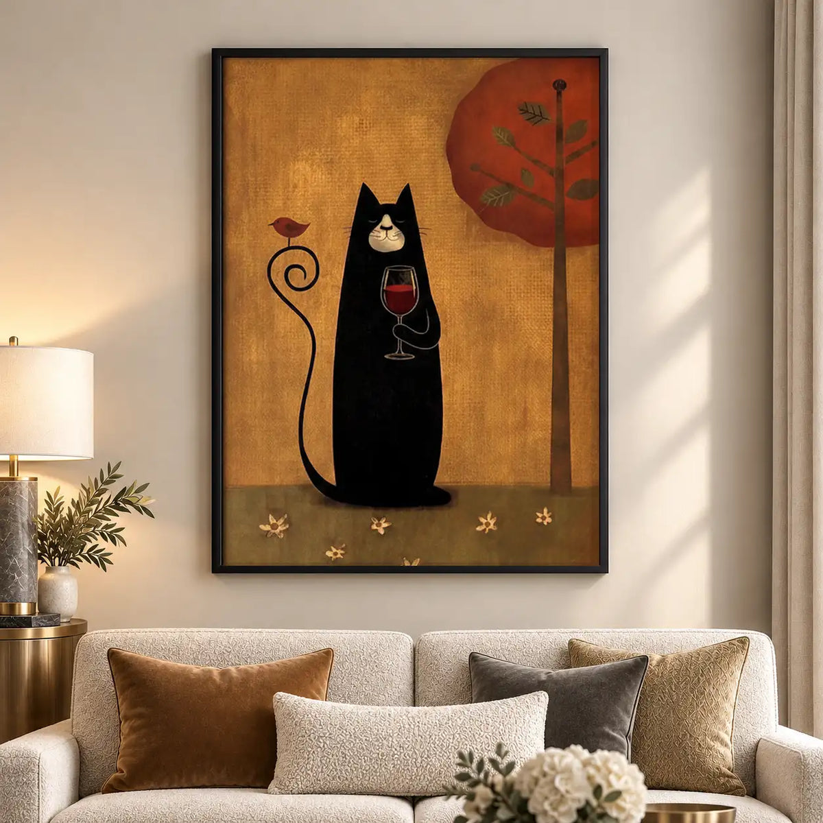 Black Cat with Wine by Red Tree Wall Art 5