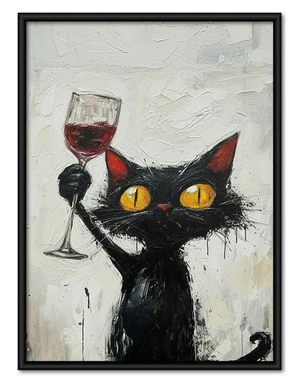 Black Cat with Wine Glass Painting Wall Art