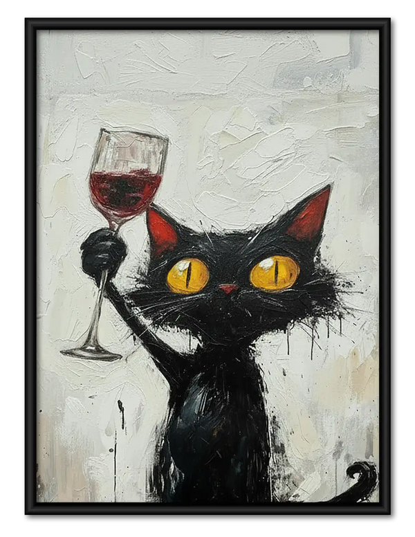 Black Cat with Wine Glass Painting Wall Art