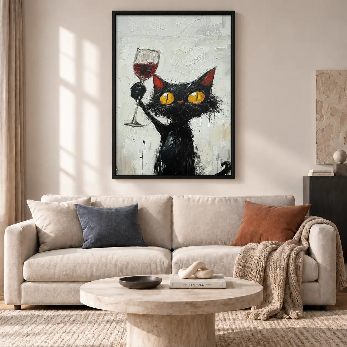Black Cat with Wine Glass Painting Wall Art 2