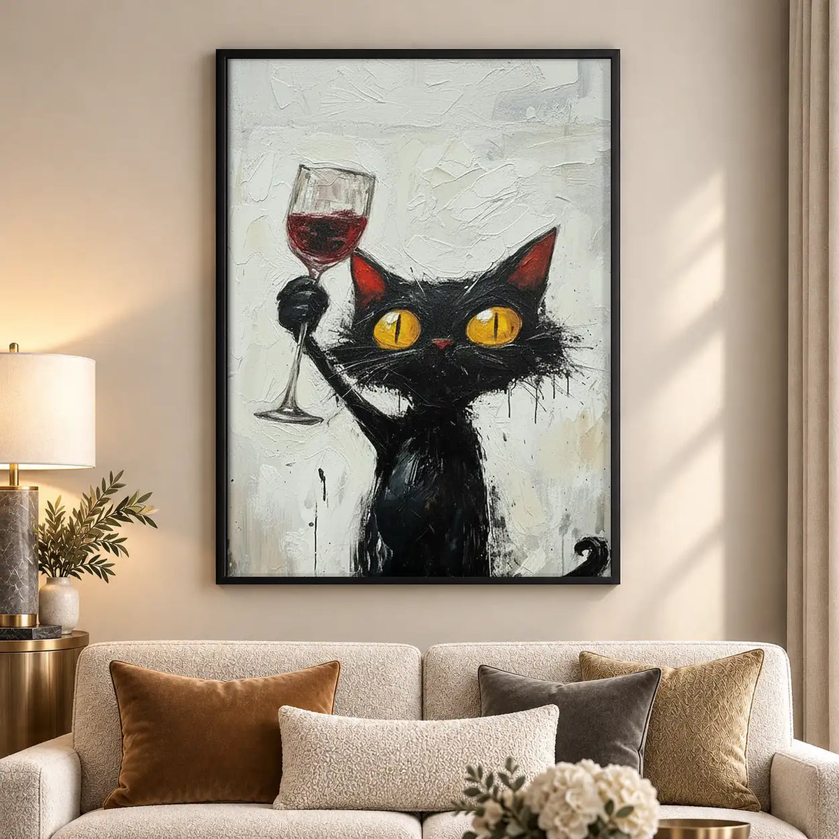 Black Cat with Wine Glass Painting Wall Art 5