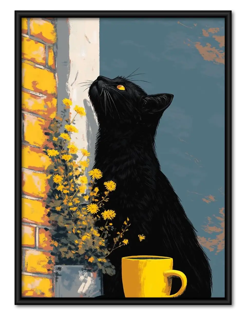 Black Cat with Yellow Flowers Wall Art 1