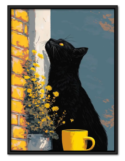 Black Cat with Yellow Flowers Wall Art