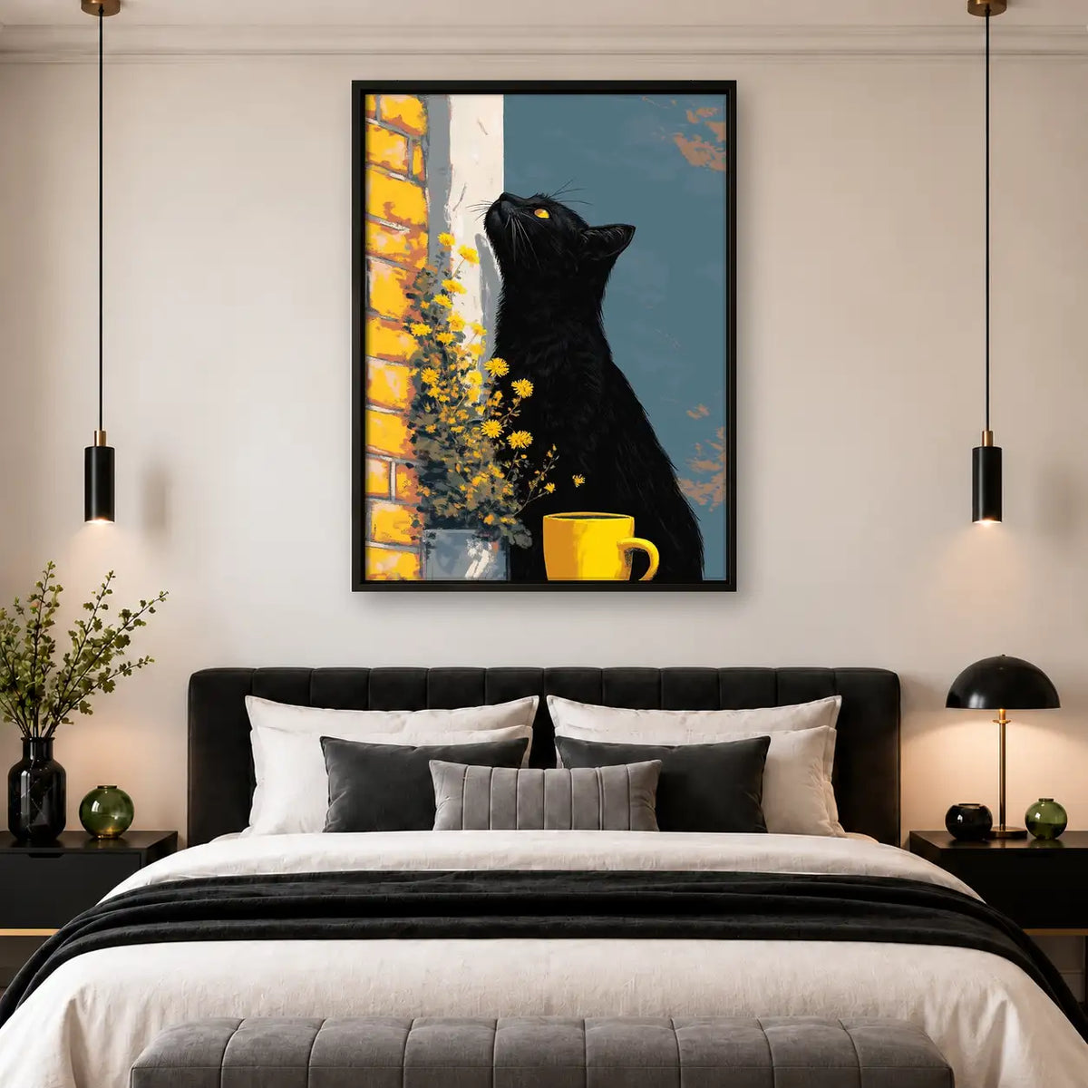 Black Cat with Yellow Flowers Wall Art 4