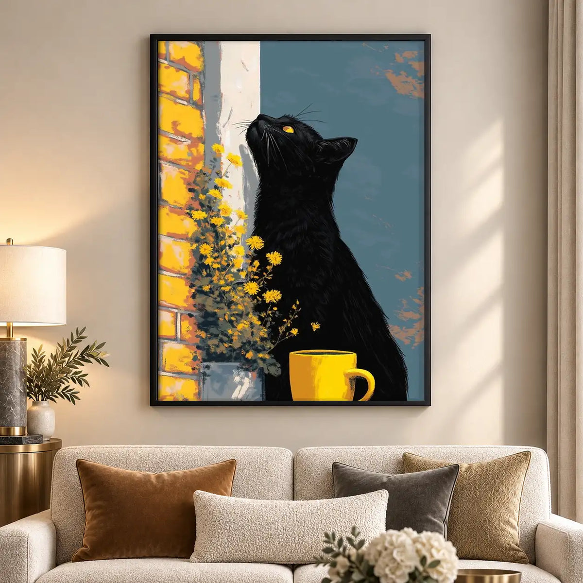 Black Cat with Yellow Flowers Wall Art 5
