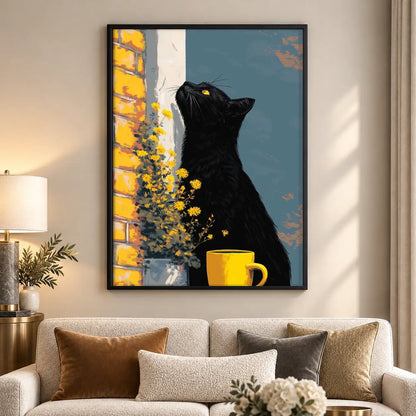 Black Cat with Yellow Flowers Wall Art 5