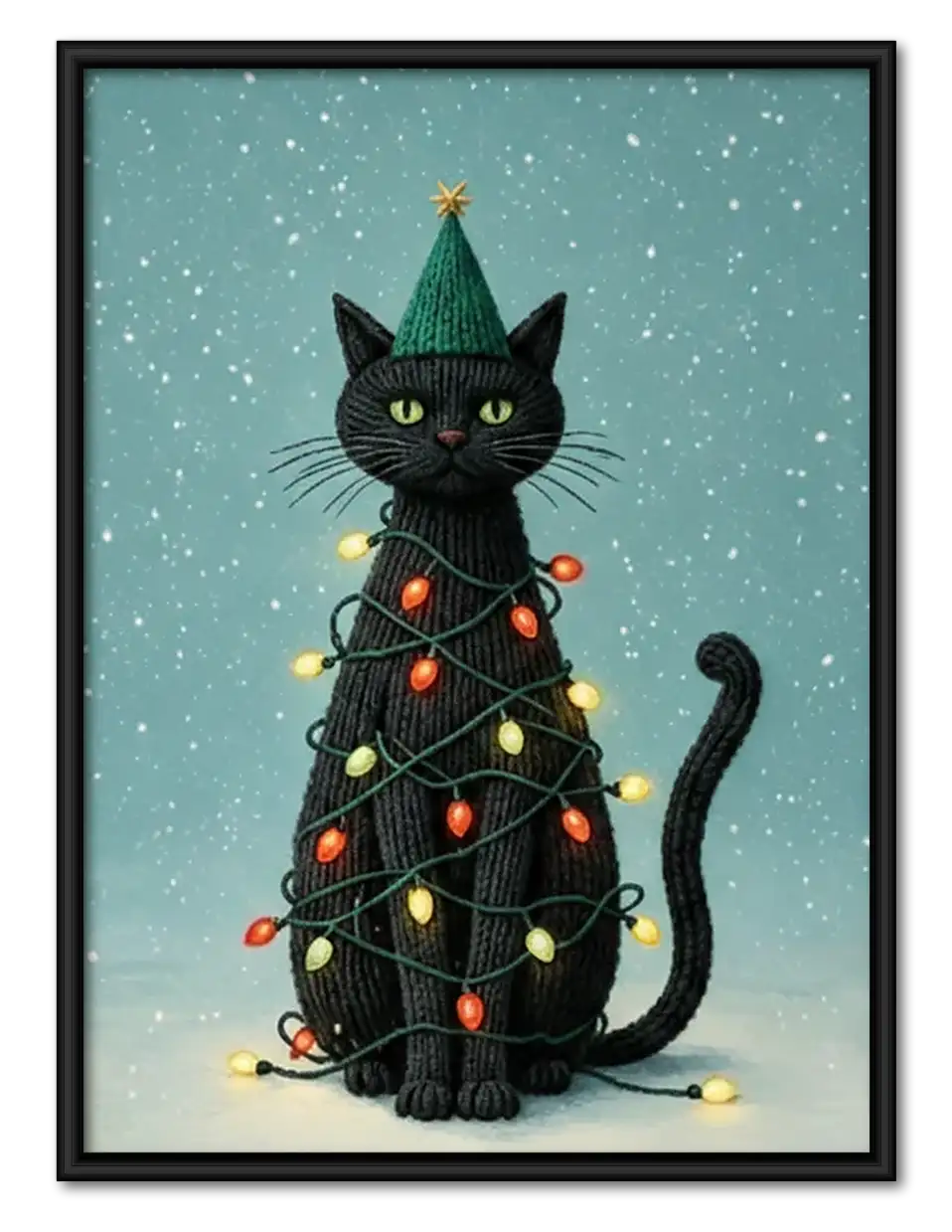 Black Cat Wrapped in Christmas Lights Wall Art 1