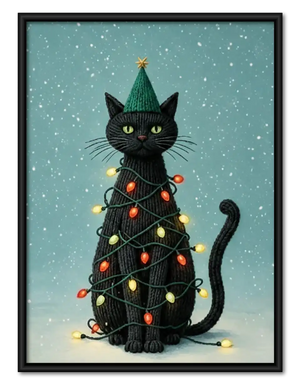Black Cat Wrapped in Christmas Lights Wall Art