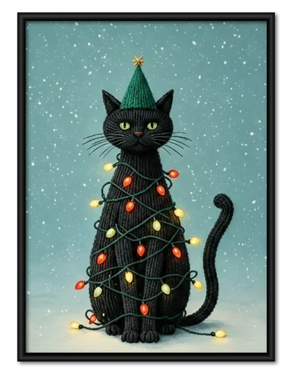 Black Cat Wrapped in Christmas Lights Wall Art