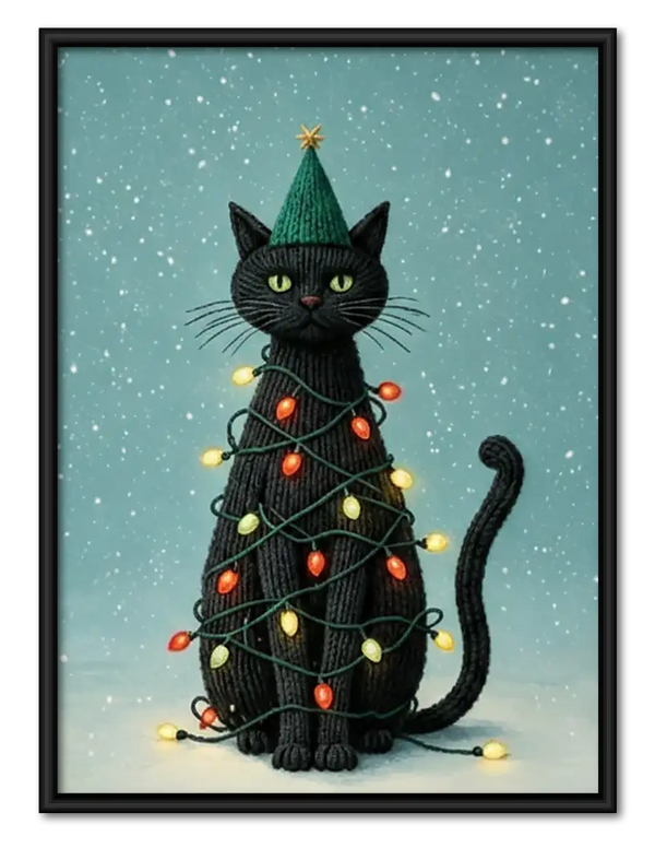 Black Cat Wrapped in Christmas Lights Wall Art