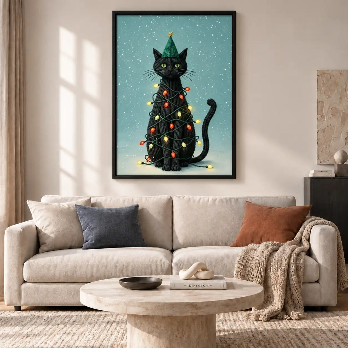 Black Cat Wrapped in Christmas Lights Wall Art 2
