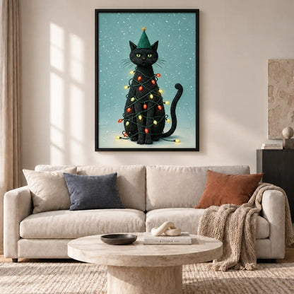 Black Cat Wrapped in Christmas Lights Wall Art 2
