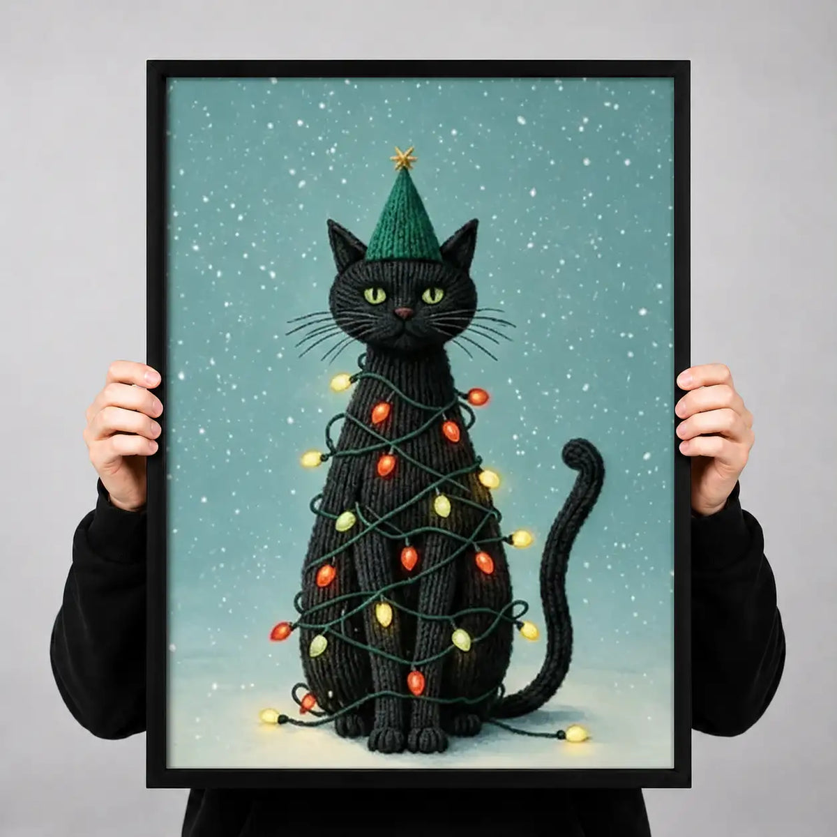 Black Cat Wrapped in Christmas Lights Wall Art 3