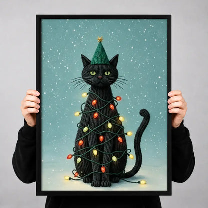 Black Cat Wrapped in Christmas Lights Wall Art 3