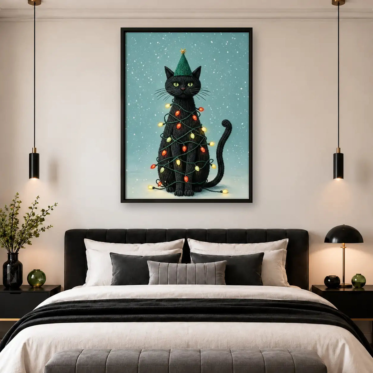 Black Cat Wrapped in Christmas Lights Wall Art 4