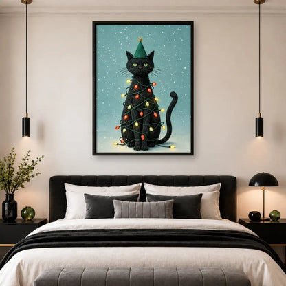 Black Cat Wrapped in Christmas Lights Wall Art 4