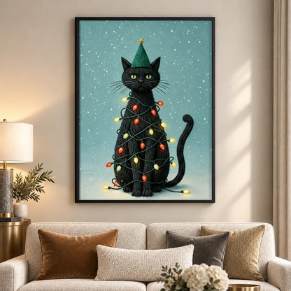 Black Cat Wrapped in Christmas Lights Wall Art 5