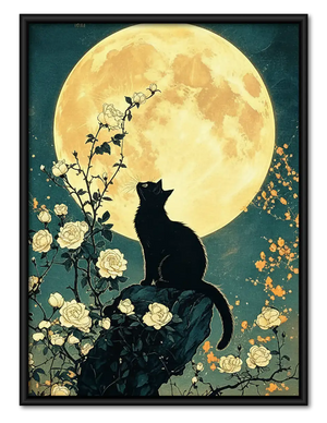 Black Cats beneath Floral Moon Wall Art