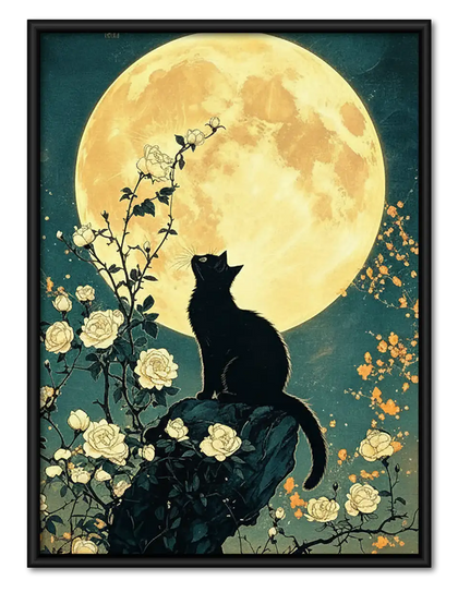 Black Cats beneath Floral Moon Wall Art