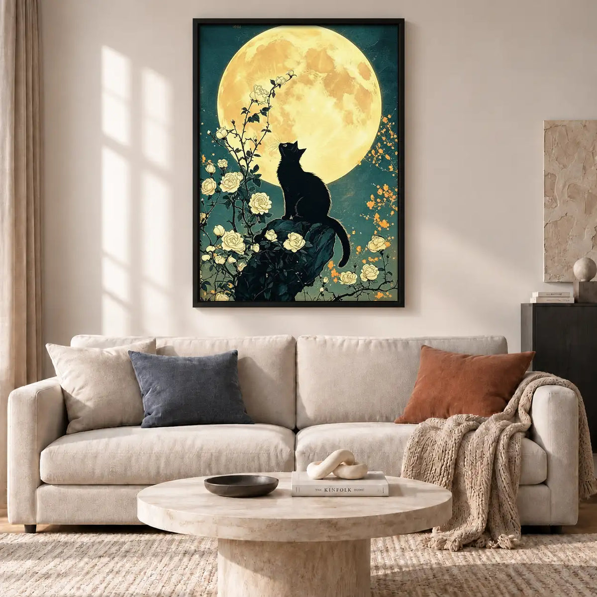 Black Cats beneath Floral Moon Wall Art 2