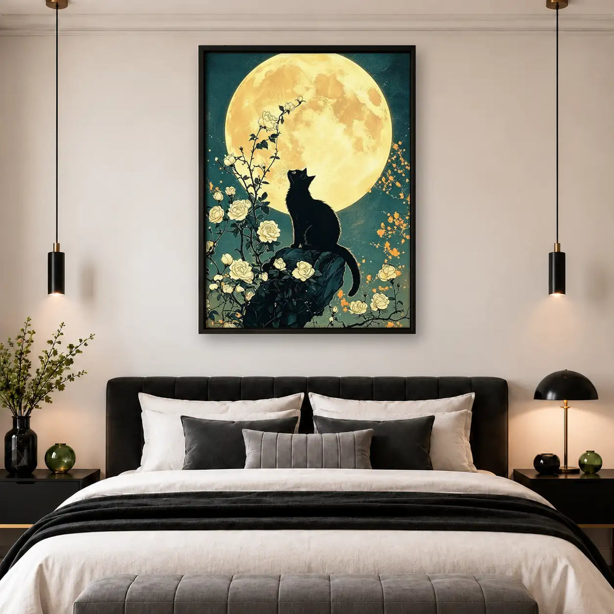 Black Cats beneath Floral Moon Wall Art 4