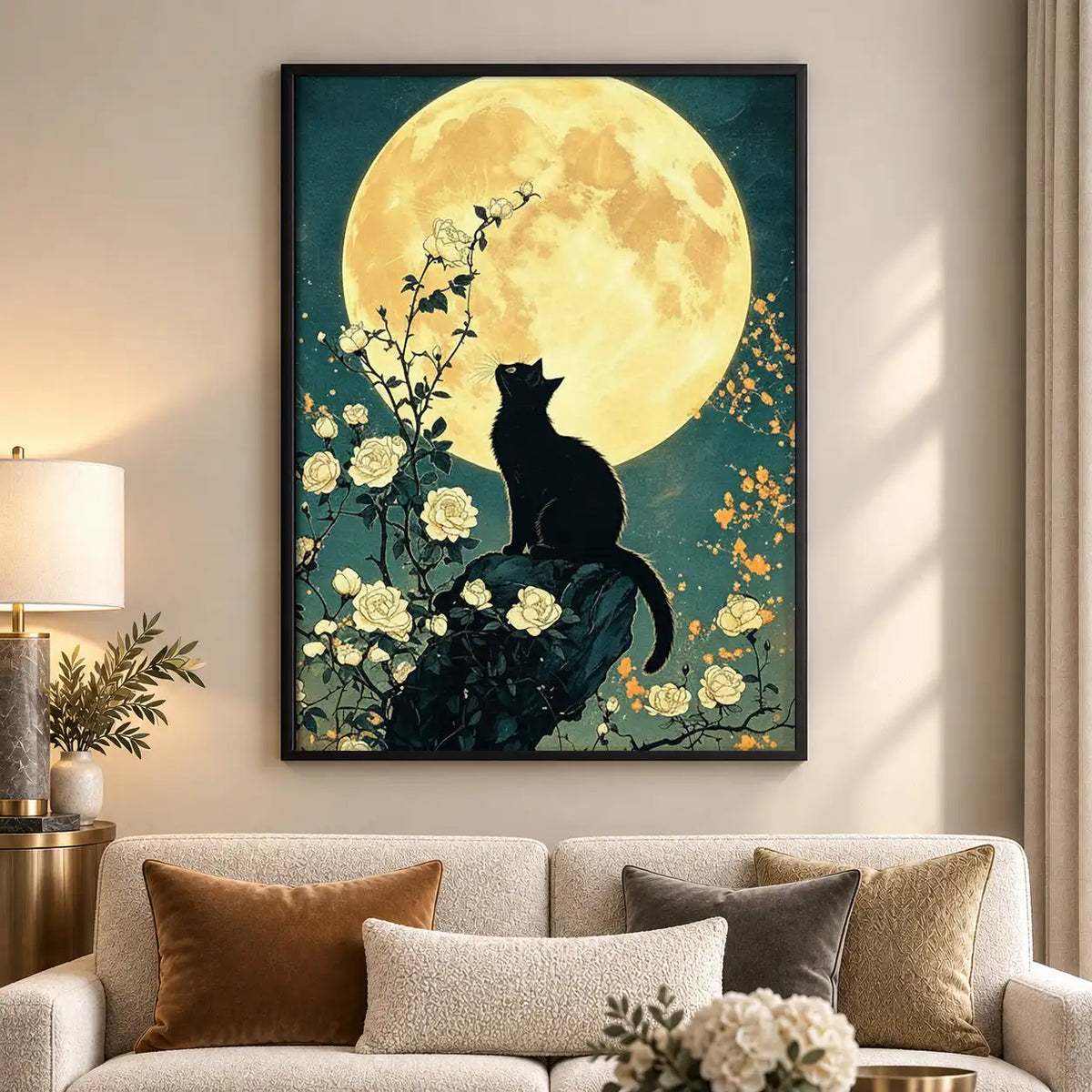 Black Cats beneath Floral Moon Wall Art 5