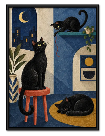 Black Cats in Moonlit Deco Interior Wall Art
