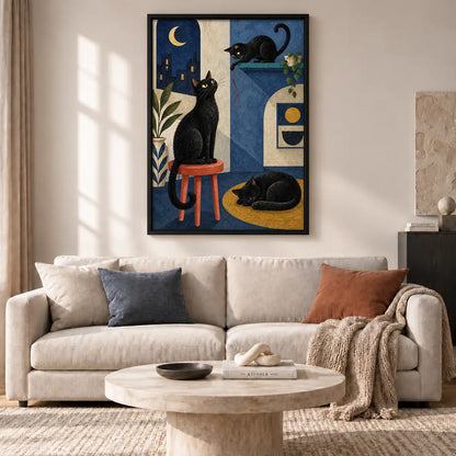 Black Cats in Moonlit Deco Interior Wall Art 2