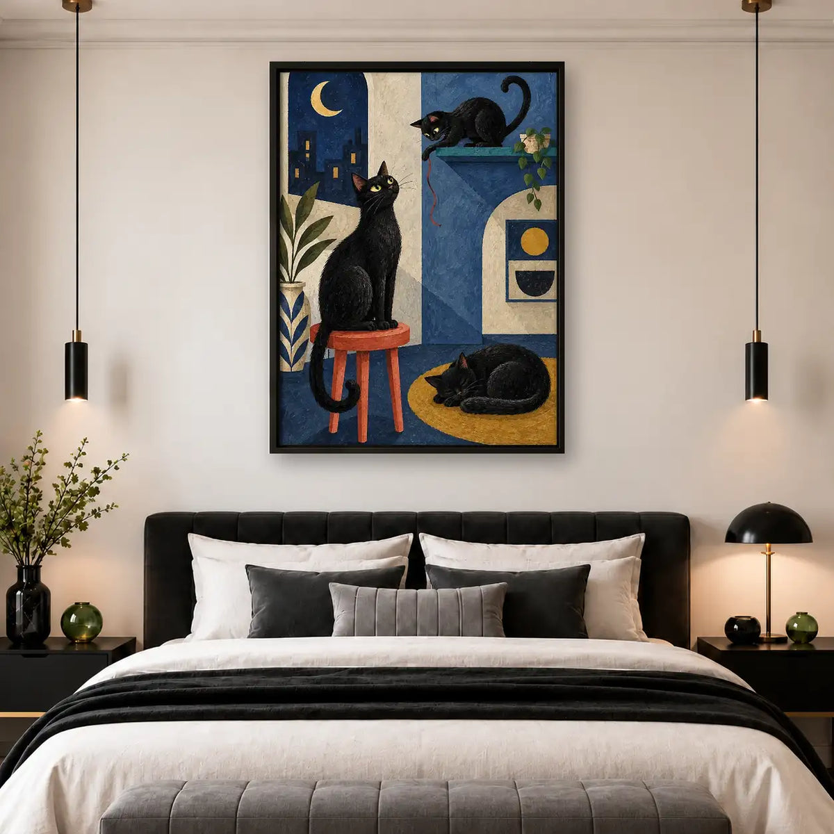 Black Cats in Moonlit Deco Interior Wall Art 4
