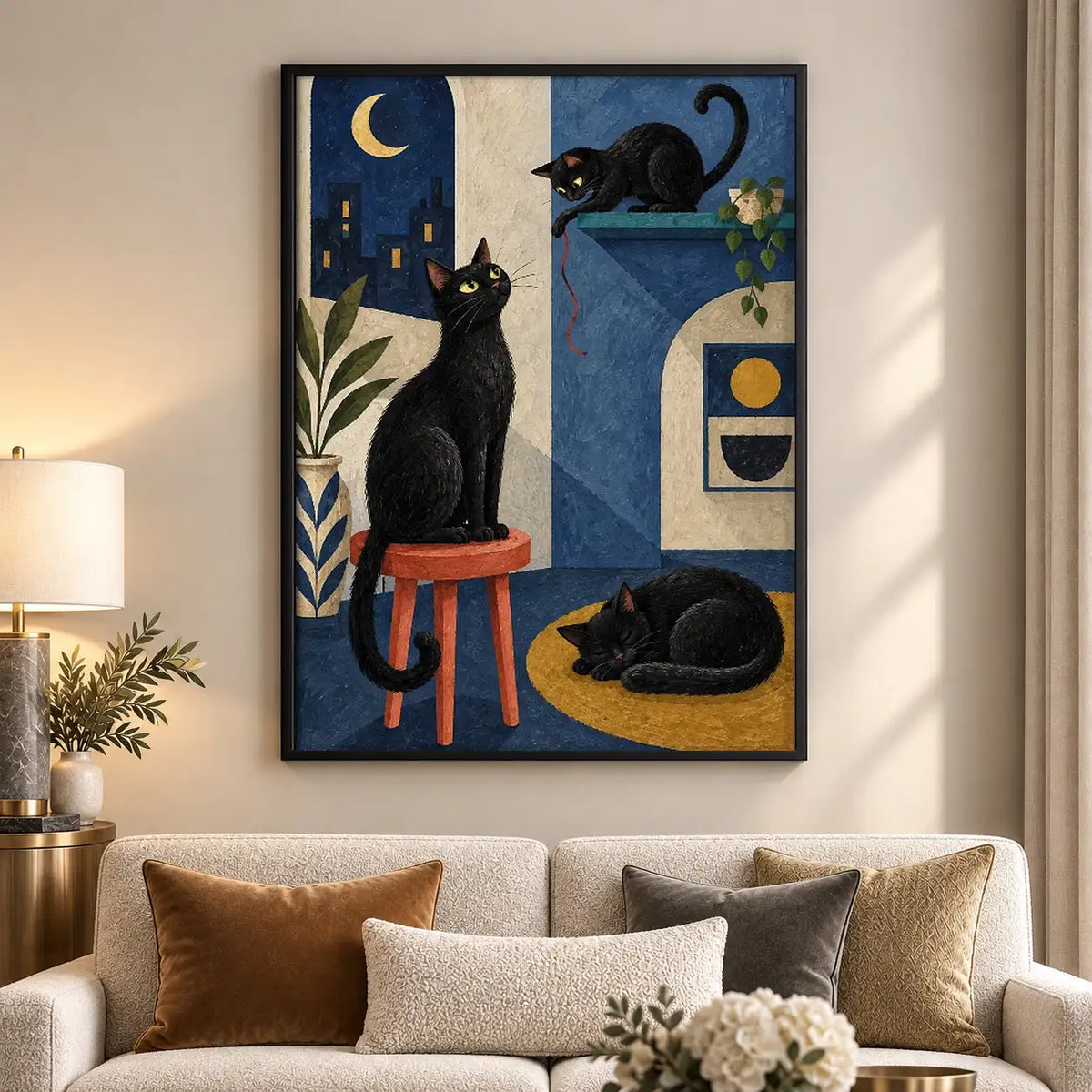 Black Cats in Moonlit Deco Interior Wall Art 5
