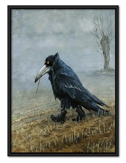 Black Crow in Misty Field Wall Art