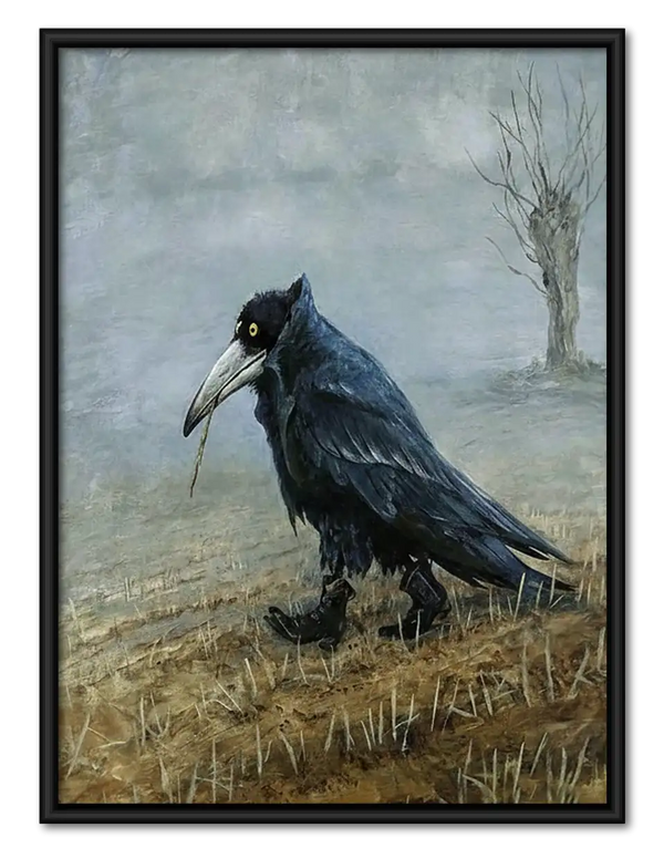 Black Crow in Misty Field Wall Art
