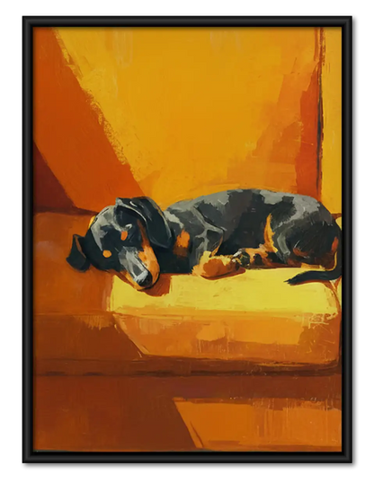 Black Dachshund Sleeping on Orange Sofa Wall Art 1