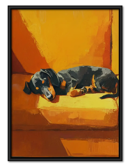 Black Dachshund Sleeping on Orange Sofa Wall Art