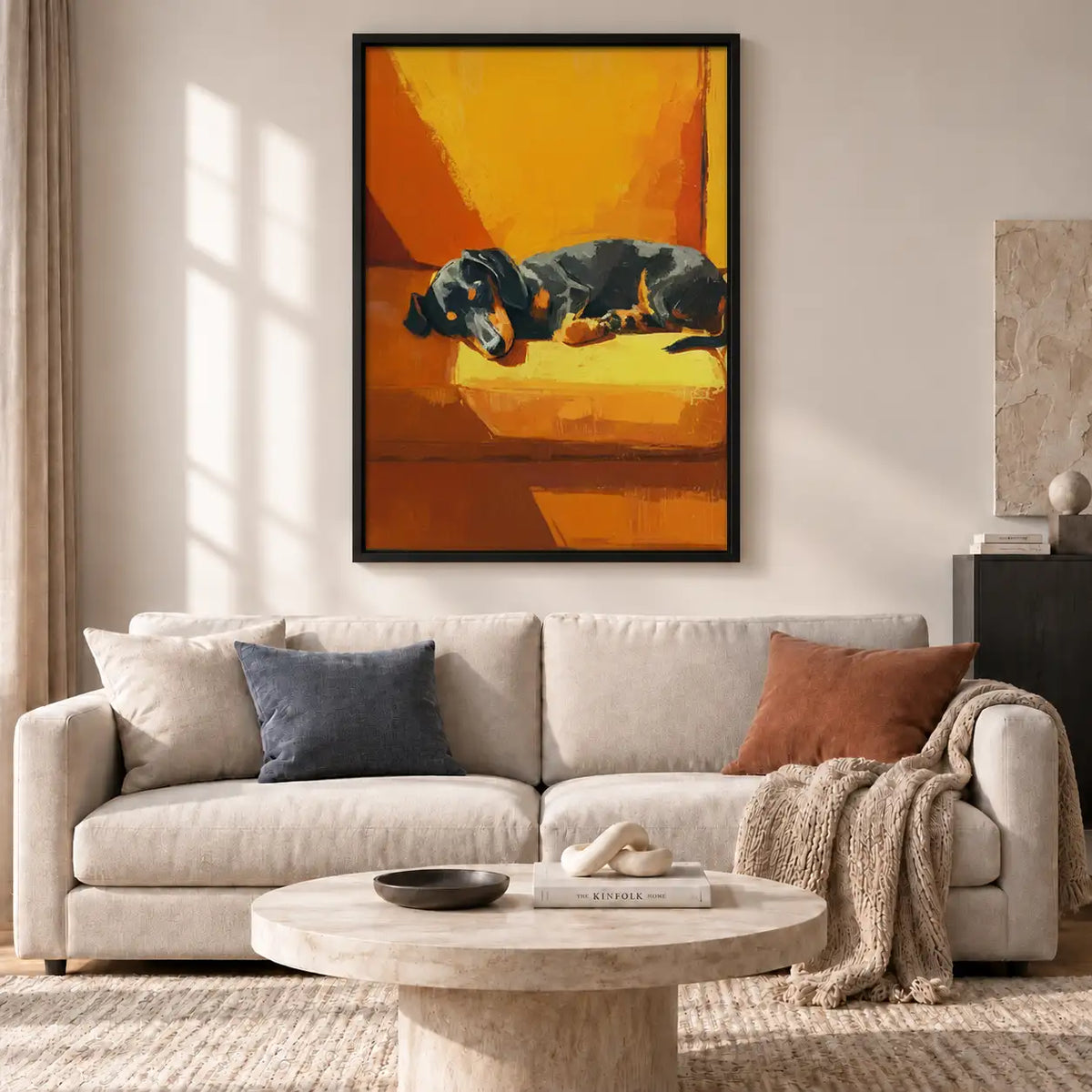 Black Dachshund Sleeping on Orange Sofa Wall Art 2