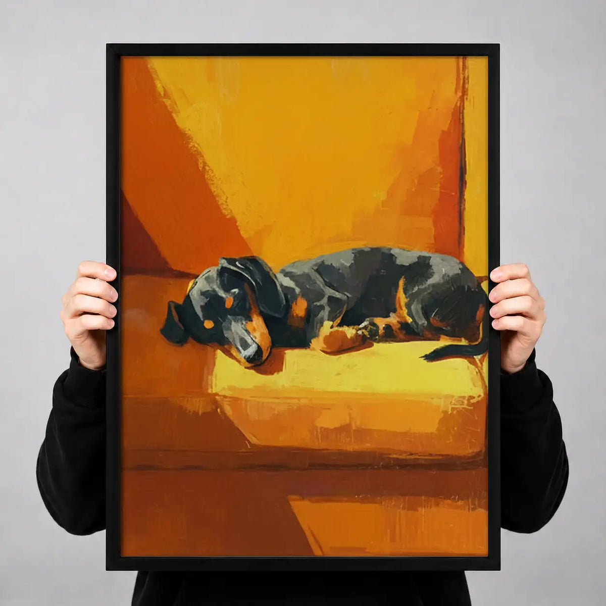 Black Dachshund Sleeping on Orange Sofa Wall Art 3