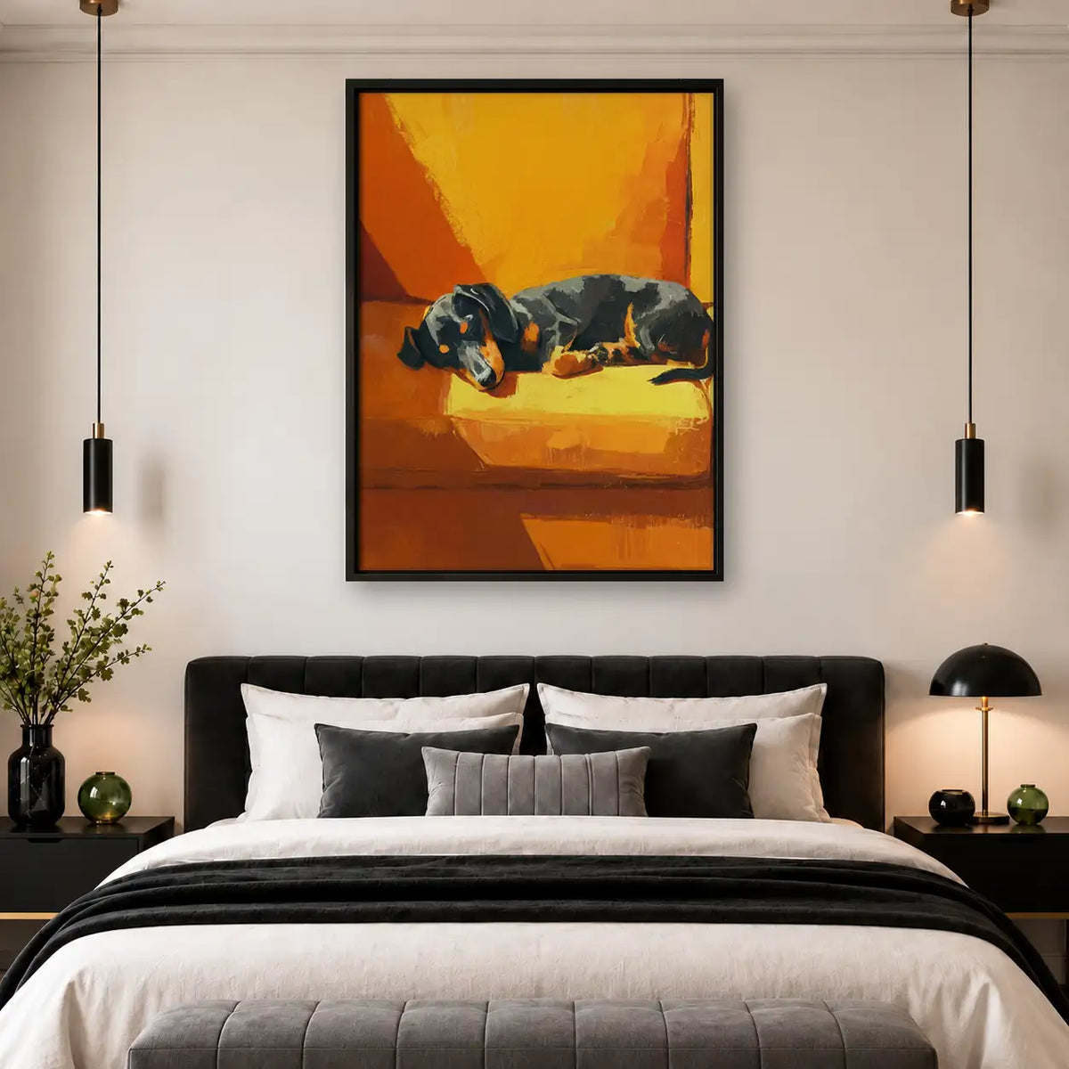 Black Dachshund Sleeping on Orange Sofa Wall Art 4