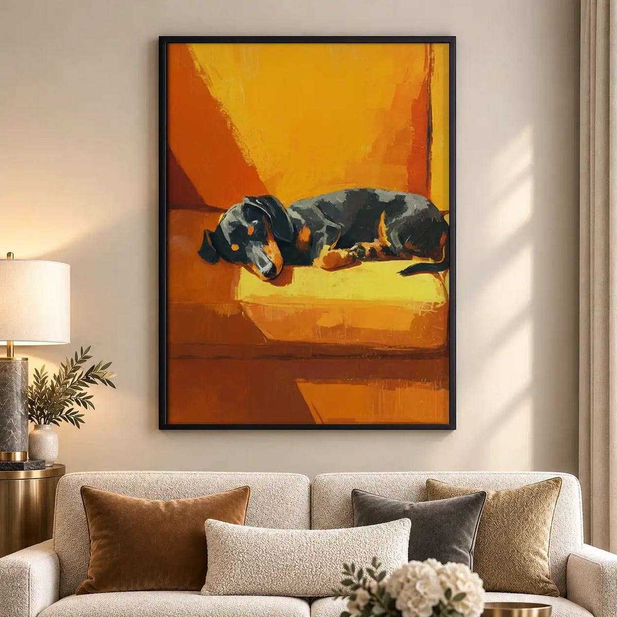 Black Dachshund Sleeping on Orange Sofa Wall Art 5