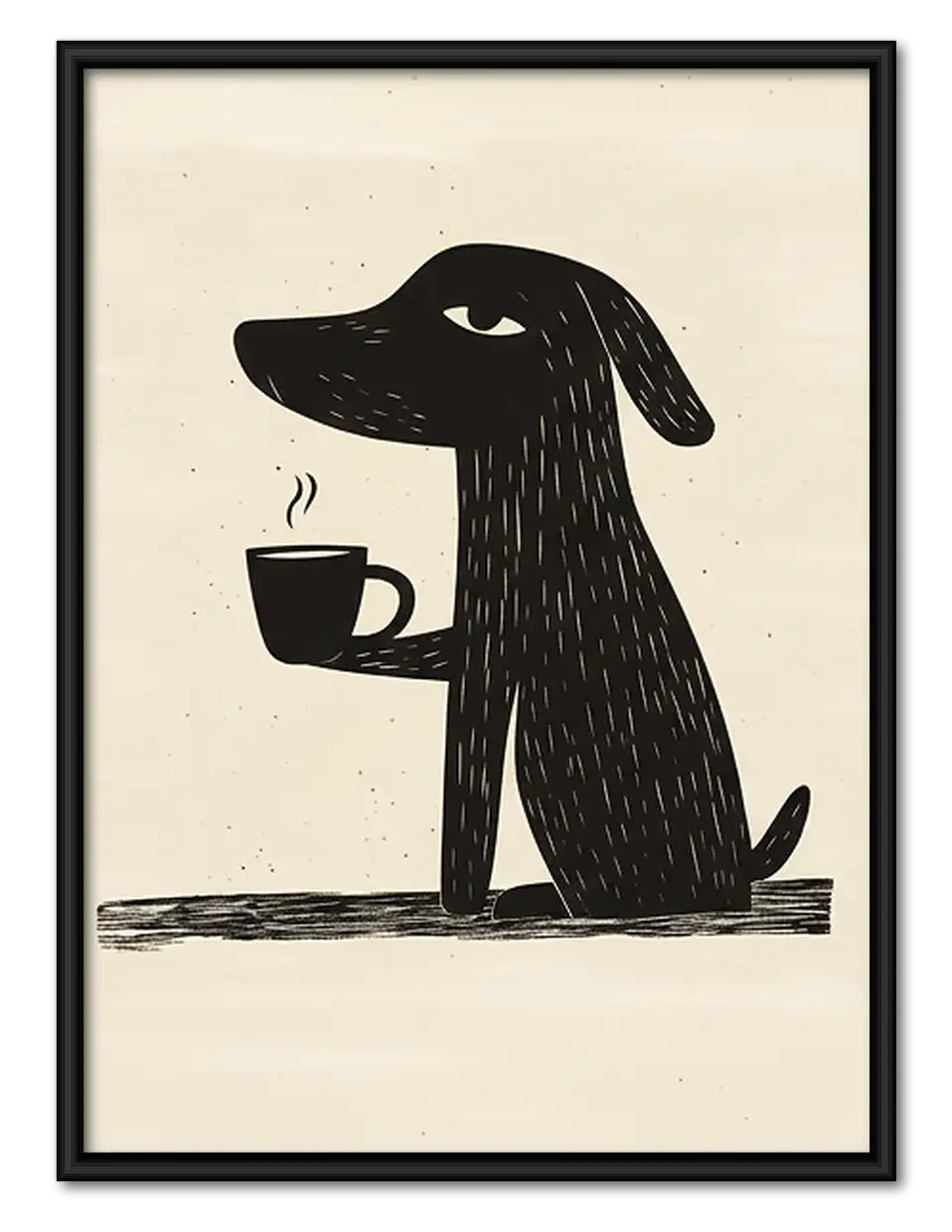 Black Dog Holding Coffee Cup Wall Art 1