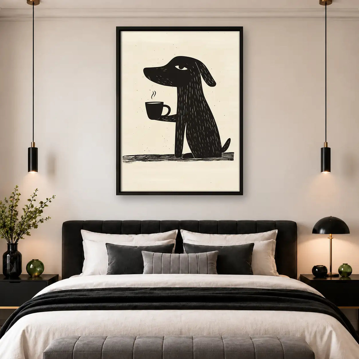 Black Dog Holding Coffee Cup Wall Art 4