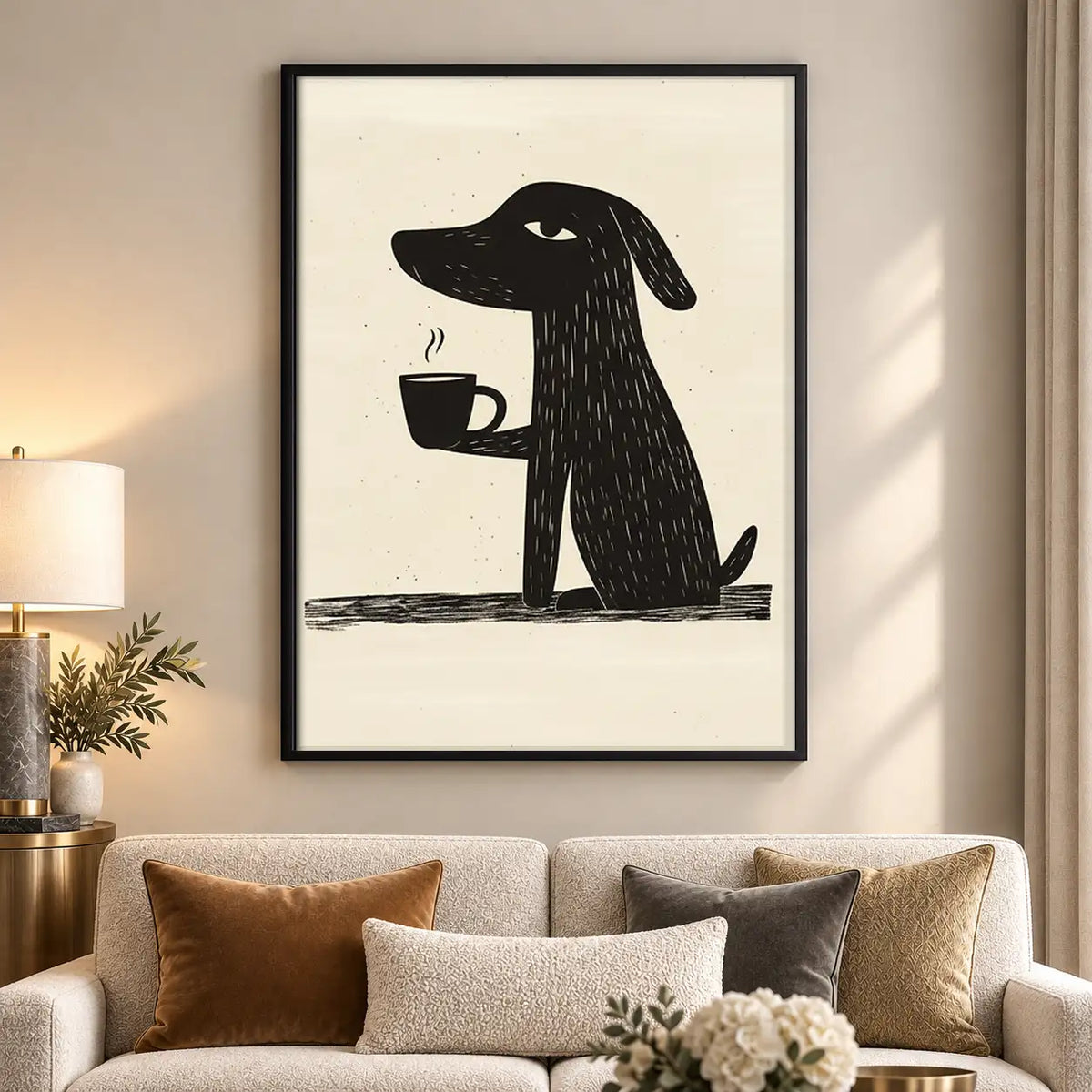 Black Dog Holding Coffee Cup Wall Art 5