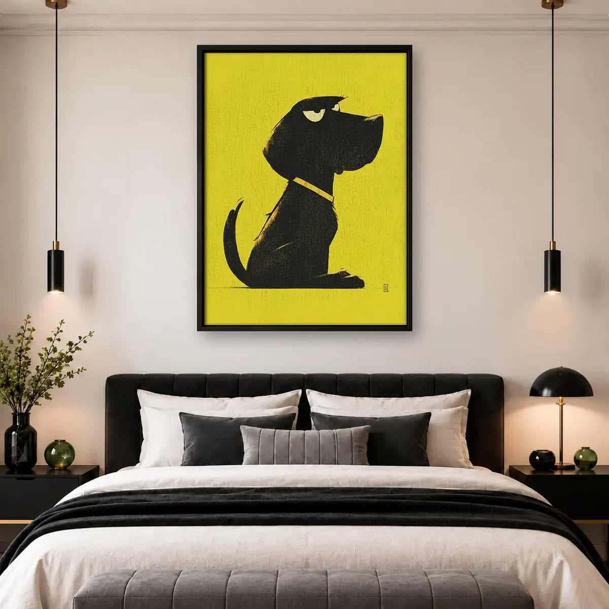 Black Dog Profile on Yellow Wall Art 4
