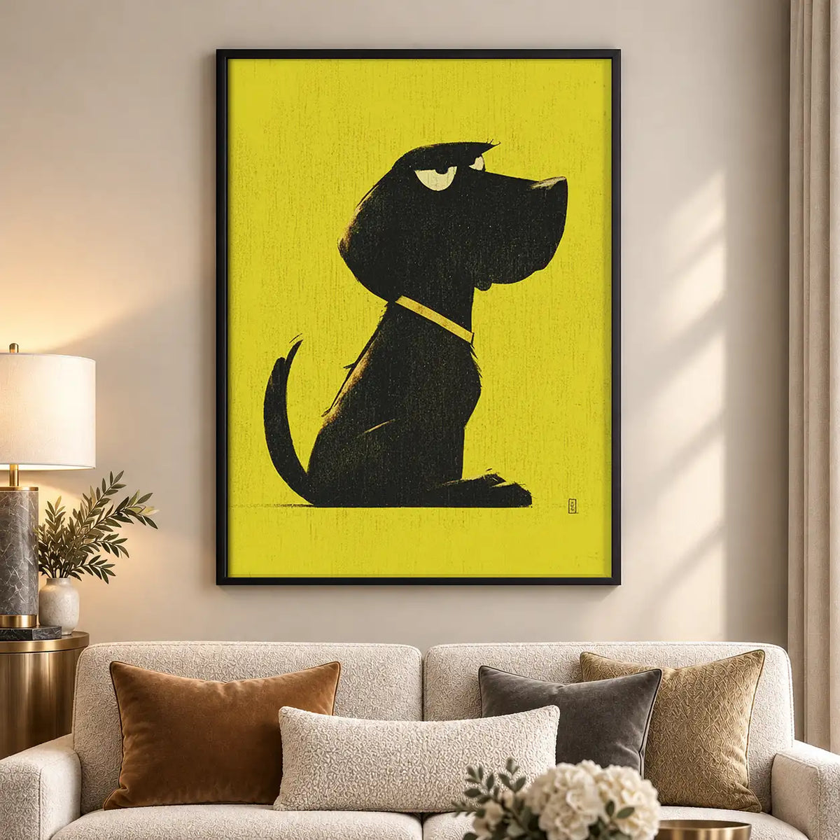 Black Dog Profile on Yellow Wall Art 5