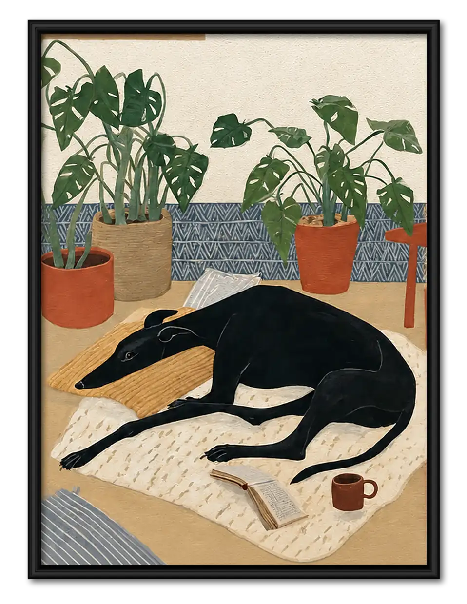 Black Dog Resting among Plants Wall Art 1
