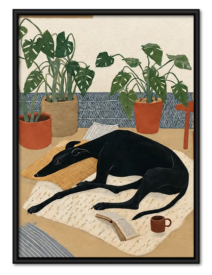 Black Dog Resting among Plants Wall Art 1