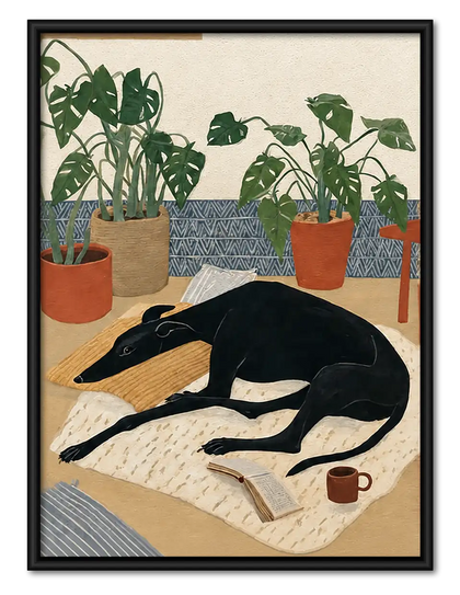 Black Dog Resting among Plants Wall Art