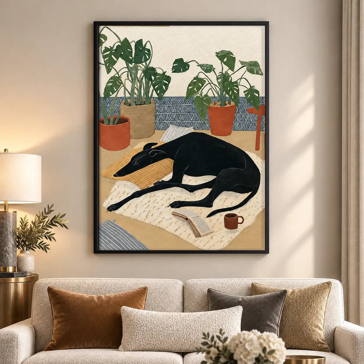Black Dog Resting among Plants Wall Art 5