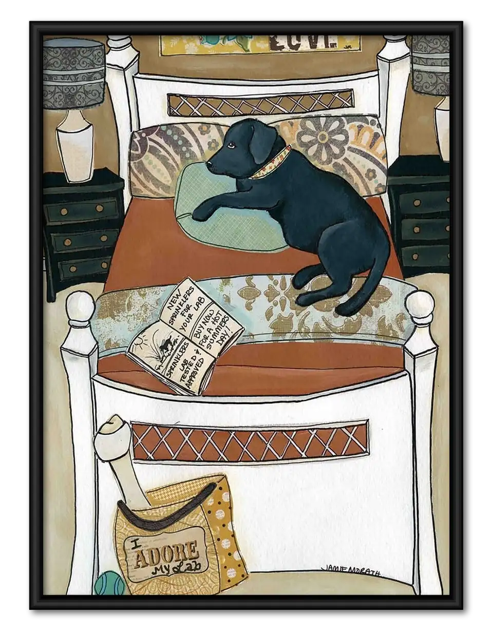 Black Dog Sleeping in Cozy Bed Wall Art 1